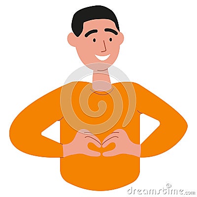 A happy smiling person gestures a heart sign with his hands. Approval, like man, love. Body language Cartoon Illustration