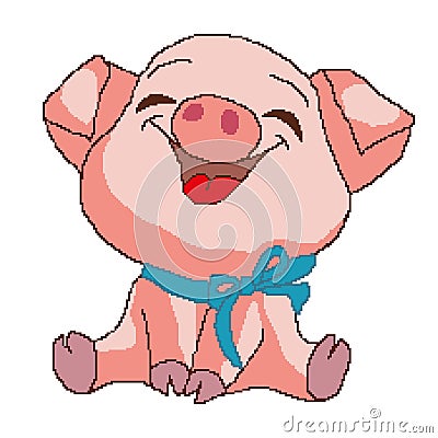 A happy smiling piglet pink with a blue bow, painted in squares, pixels. Vector illustration Vector Illustration