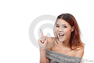 Happy, smiling, positive, confident woman pointing up Stock Photo