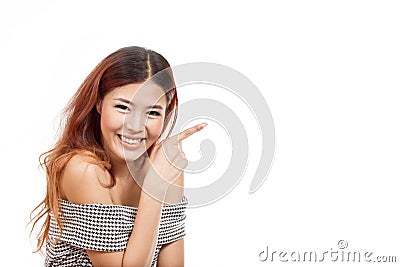 Happy, smiling, positive, woman pointing at blank space Stock Photo