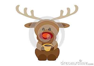 Happy smiling reindeer Rudolf drinking coffee from orange yellow tea cup Vector Illustration