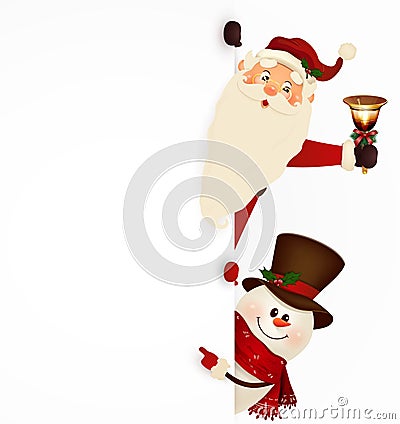 Happy smiling Santa Claus with jingle bell and cute snowman standing behind a blank sign, showing on big blank sign Vector Illustration