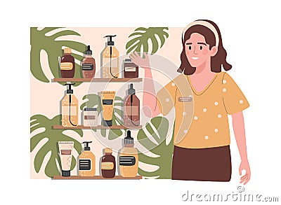 Happy smiling seller advertising new fresh organic cosmetics collection vector flat illustration. Vector Illustration