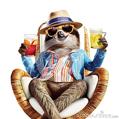Happy and smiling sloth wearing summer hat and stylish sunglasses, holding glass with drink on beach chair isolated over white Stock Photo
