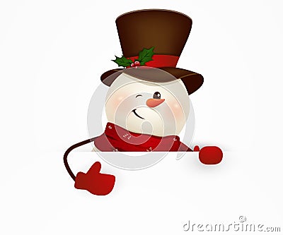 Happy smiling snowman standing behind a blank sign showing on big blank sign. vector illustration. Vector Illustration