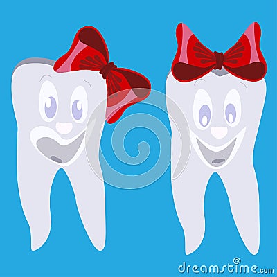 Happy smiling teeth with red bows vector flat illustration Vector Illustration