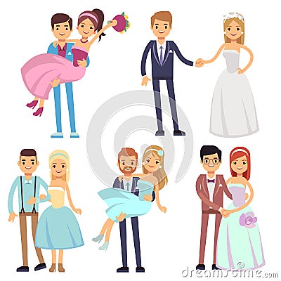 Happy smiling wedding couples isolated vector set. Vector Illustration