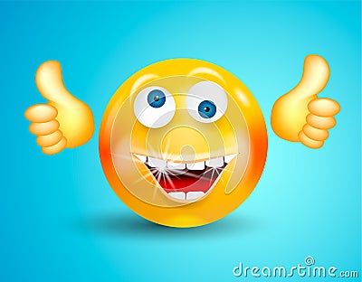 Happy smiling with white shining teeth emoticon or round face showing thumbs up or OK on bright blue background. Cartoon character Stock Photo
