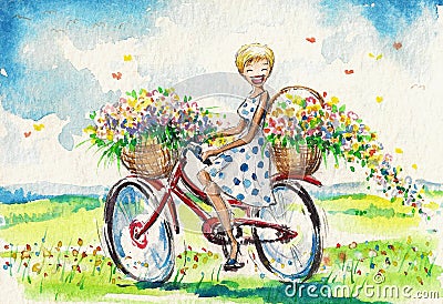 Women on bicycle Cartoon Illustration