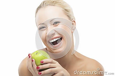 Happy Smiling Woman Dieting with Green Apple. Healthy Lifestyle, Nutritious and Organic Food Concepts Stock Photo