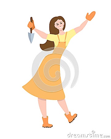 happy girl garden work shovel isolated Vector Illustration