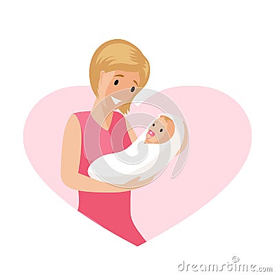 Woman and a baby in tender embrace vector flat illustration. Happy mother day card concept. Vector Illustration