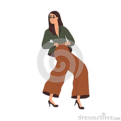 Happy smiling woman model posing with joy. Cheerful excited confident girl in fashion jacket, trousers, sunglasses Cartoon Illustration