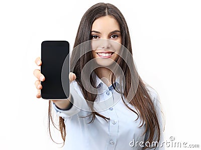 Happy smiling woman showing mobile phone isolated in white Stock Photo