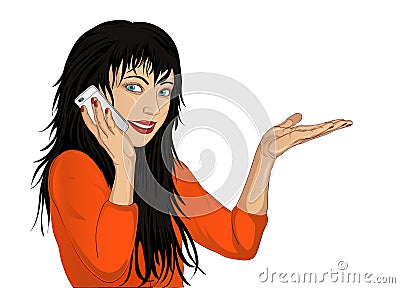 Happy smiling woman speaks by mobile phone. Cartoon Illustration