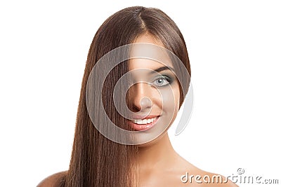 Happy smiling woman with straightened hair. Isolated on white Stock Photo