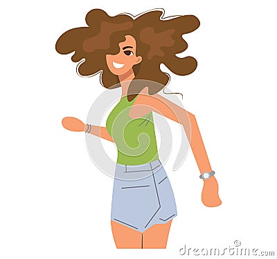 Happy smiling woman. Stylish young flyer girl in sportswear joyfully runs and laughs. Positive attitude, sports, flowing Vector Illustration