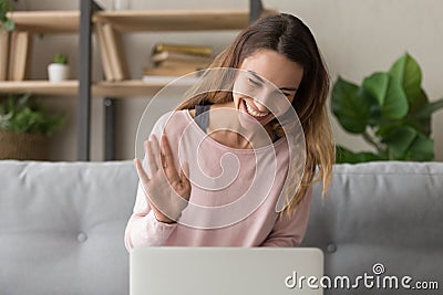 Happy smiling woman video call with friends or parents. Stock Photo