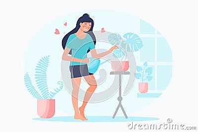 Happy smiling woman watering home plants with pink hearts around. Self care, love yourself concept. Vector Illustration