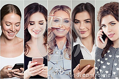 Happy smiling women phone, using smartphone, texting, chatting and having fun. Different person collage set Stock Photo
