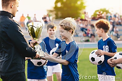 Happy Smiling Young Boys Celebrating Sports Soccer Football Championship Stock Photo