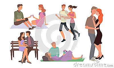 Happy smiling young couples in love dating and enjoying picnic together Vector Illustration