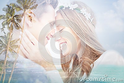 Happy smiling young hippie couple over beach Stock Photo