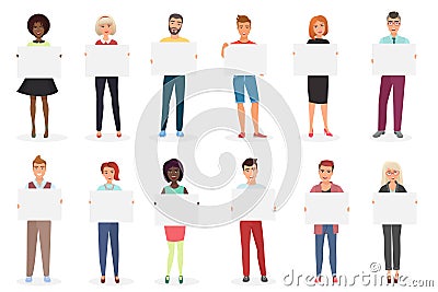 Happy smiling young men and women people holding clean empty placards, cards, posters, boards vector illustration. Vector Illustration