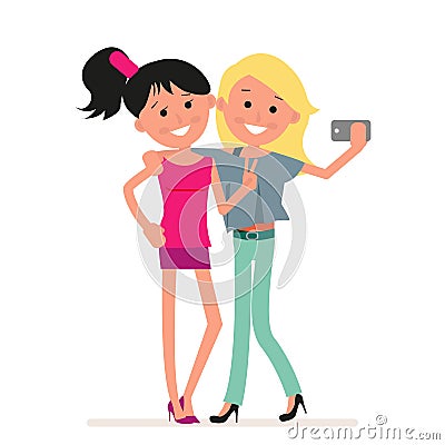 Happy smiling young women best friends taking selfie photo. Flat character isolated on white background. Vector Illustration