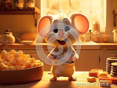 A happy smilling mouse standing behind the counter in their cottage kitchen in the sunset.Generative AI Stock Photo