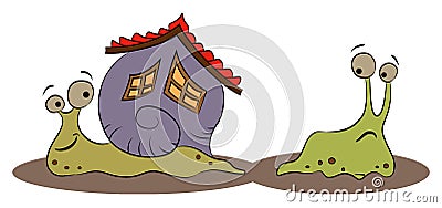 Happy snail with a house and the slug Cartoon Illustration