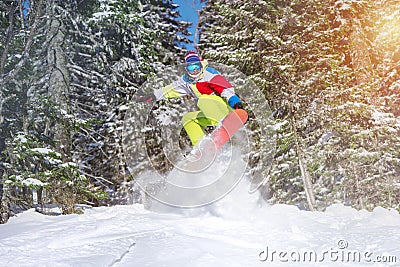 Snowboarder backcountry jump offpiste against frozen forest Stock Photo