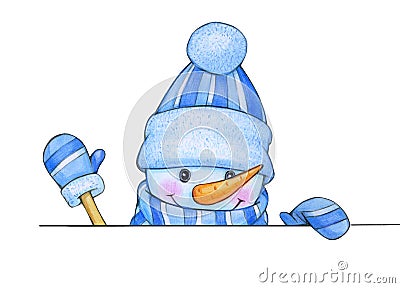 Happy snowman cartoon, hiding by blank. Stock Photo