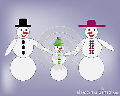 Happy snowman family walking hand in hand Stock Photo