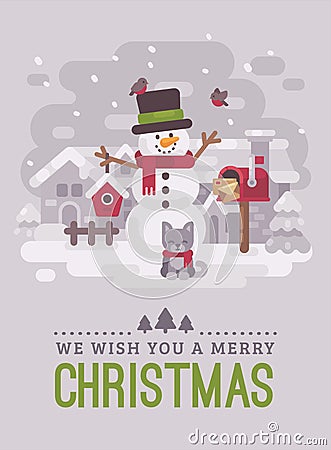 Happy snowman with kitten, mailbox and birdhouse in a snowy winter village. Christmas greeting card flat illustration. We wish you Vector Illustration