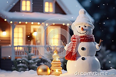Happy Snowman Standing in the Backyard of the Idyllic House Decorated on Christmas Eve. Magical Winter Evening Stock Photo