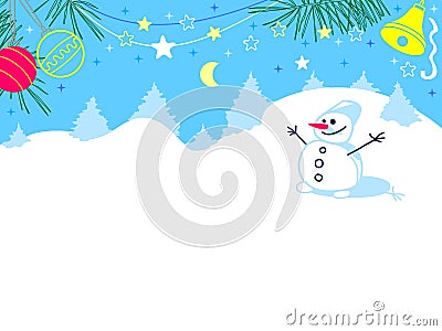 Christmas card with a snowman standing in a snowy forest Vector Illustration