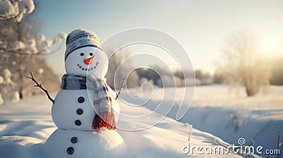 A happy snowman welcomes winter in a quiet snowy landscape on a sunny day Stock Photo