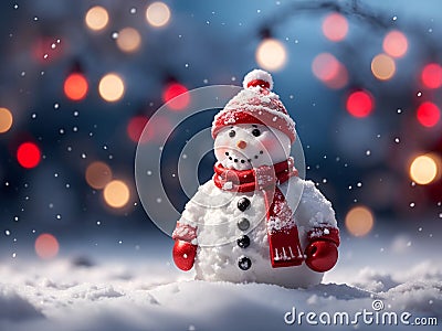 happy snowman with wool beanie hat on cold winter night and blurry christmas lights Stock Photo