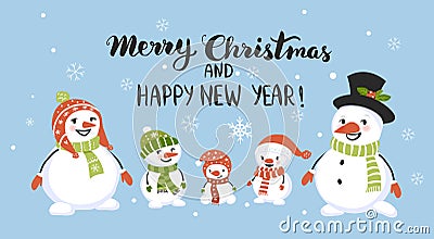 Happy snowmen family, Merry Christmas and Happy New Year greeting card. Vector Illustration