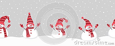 Happy snowmen have fun in winter holidays. Seamless border. Christmas background. Different snowmen in red winter hats and scarves Vector Illustration