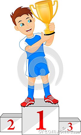 Happy Soccer champions with winners cup on podium Vector Illustration