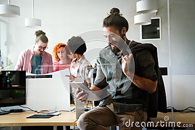 Happy software developers working on meeting, Programming advanced code artificial intelligence. Stock Photo