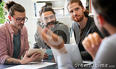 Happy software developers working on meeting, Programming advanced code artificial intelligence. Stock Photo