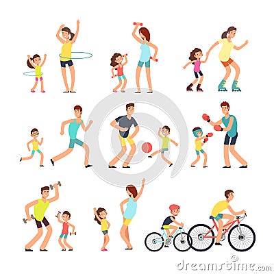 Happy sport family. Mom, dad with kids doing sports exercises outdoor. Parents and children in fitness activity vector Vector Illustration