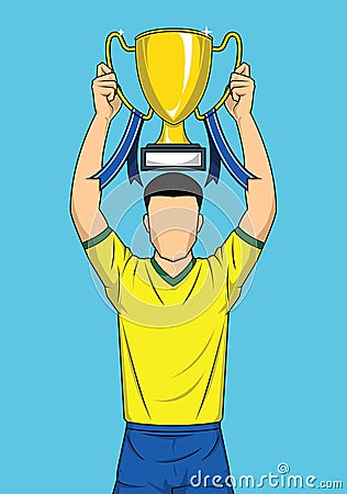 Happy sport player holding gold trophy comic style. Vector Illustration