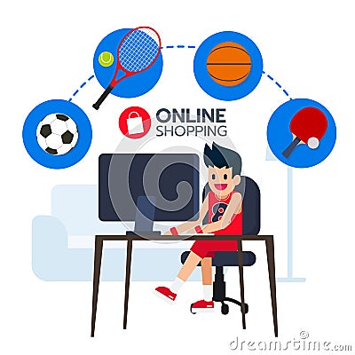 Happy sportsman sit in front computer, search and buy Vector Illustration