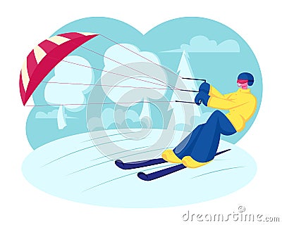 Happy Sportsman or Sportswoman in Bright Clothes Skiing with Kite on Snow-covered Frozen Surface at Winter Sunny Day Vector Illustration