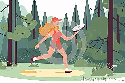 A happy, sporty girl playing with a frisbee in a park during summer, enjoying an active game in the forest. The illustration Vector Illustration