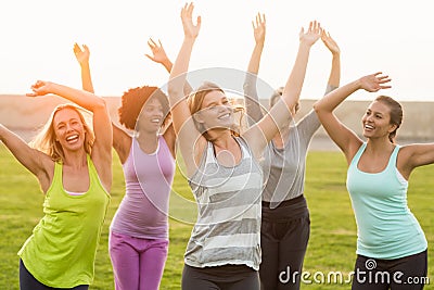 Happy sporty women dancing during fitness class Stock Photo